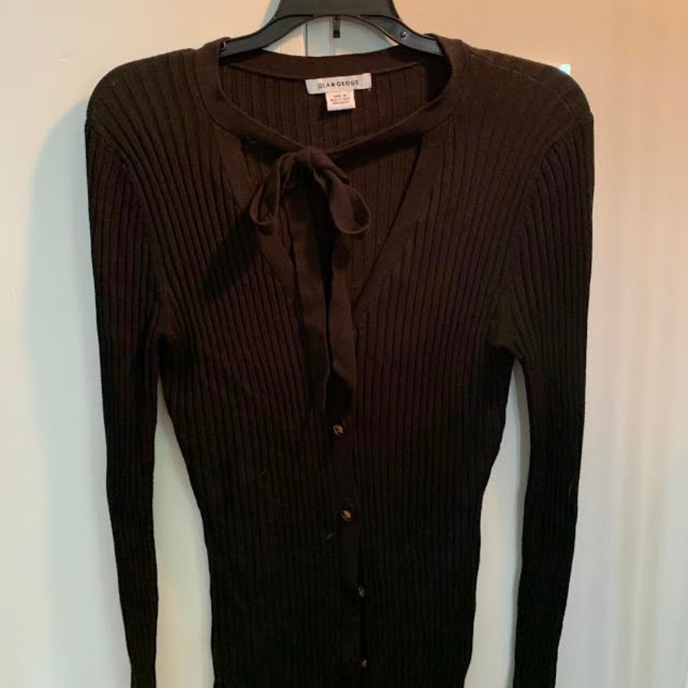 Glamorous Black ribbed Cardigan with ties